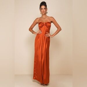 Lulus Memorable Entrance rust orange strapless satin maxi dress size S hoco gown
